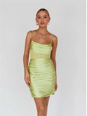 Satin Cowl Neck Mini Dress in Light Lime